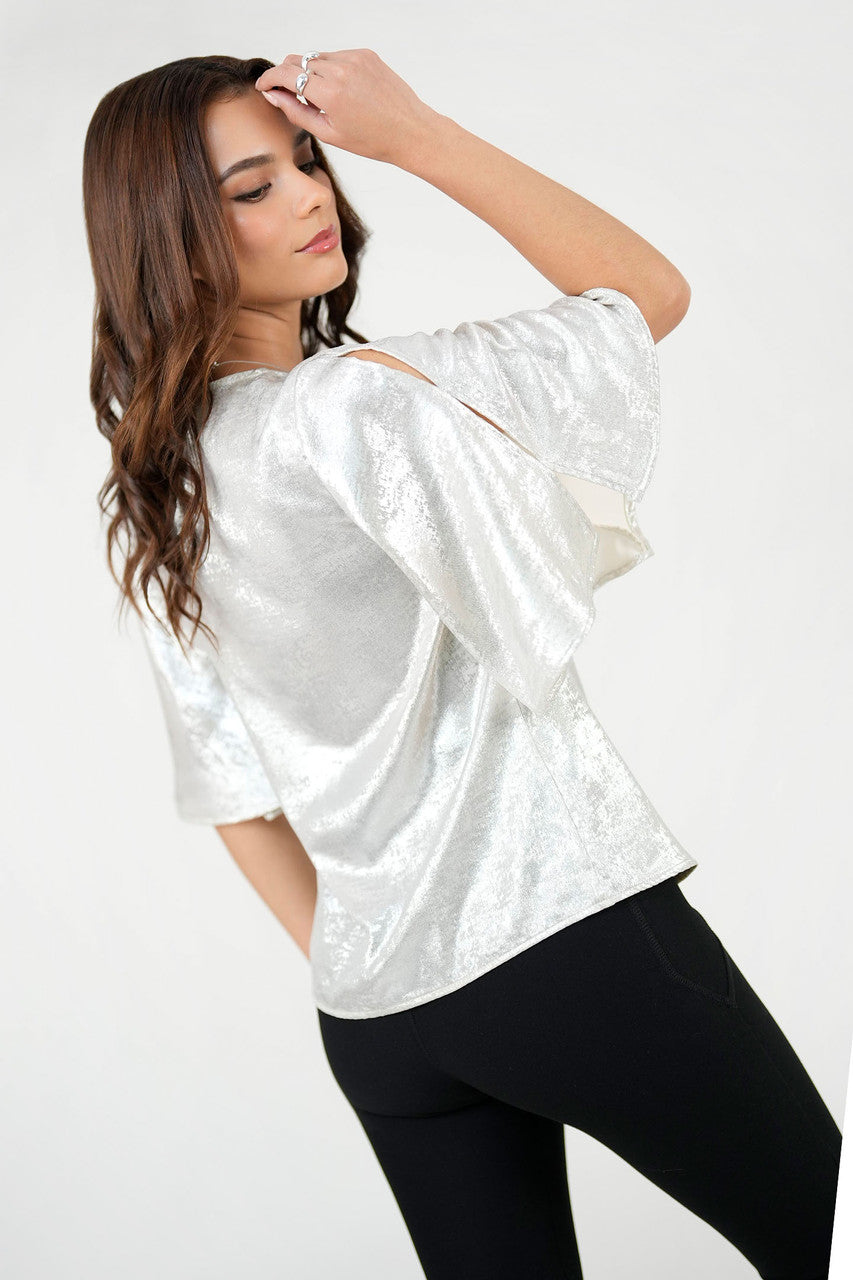 Blusa Manga 3/4 Seda Foil Escote V