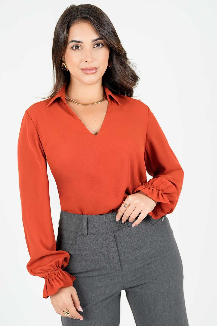 Blusa manga larga cuello camisero y escote V