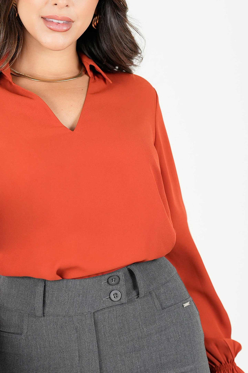 Blusa manga larga cuello camisero y escote V