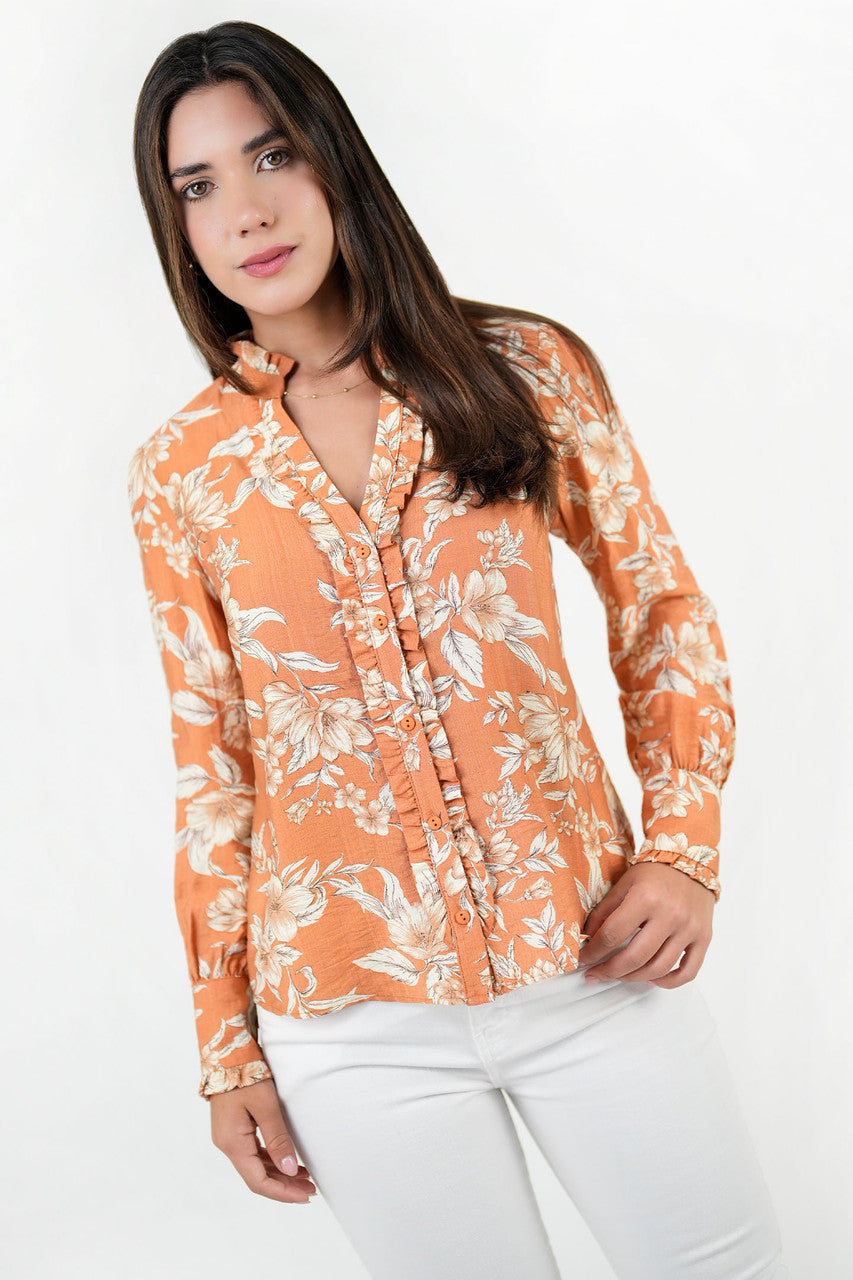 Blusa manga larga con pechera camisera