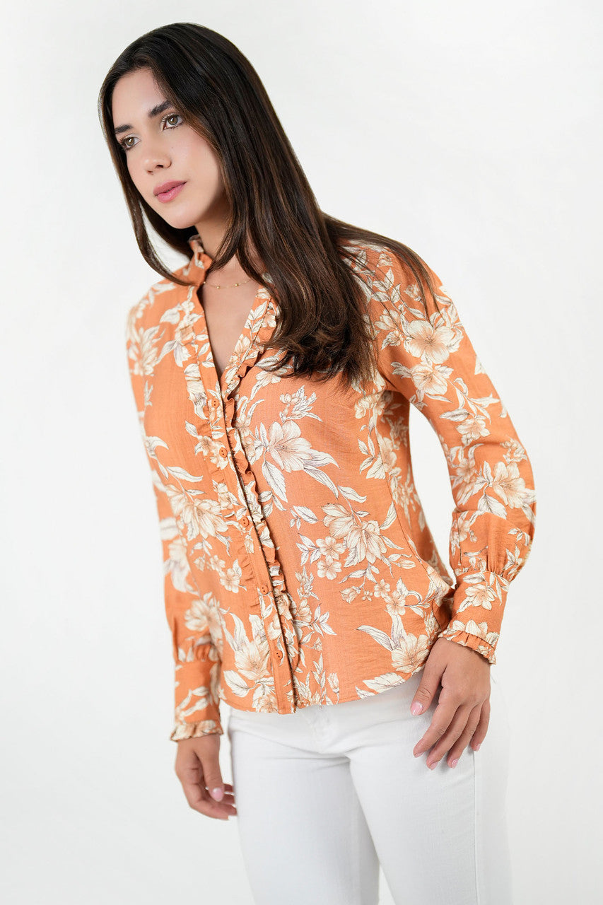 Blusa manga larga con pechera camisera