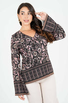 Blusa Estampada Con Manga Acampanada y Escote V