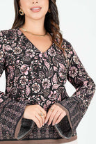 Blusa Estampada Con Manga Acampanada y Escote V