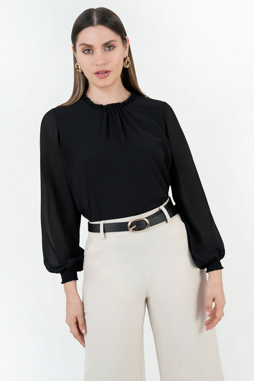 Blusa manga larga en gasa con detalle recogido