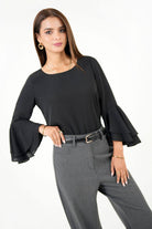 Blusa Escote Ojal Gasa Crepe con Manga Ruffle