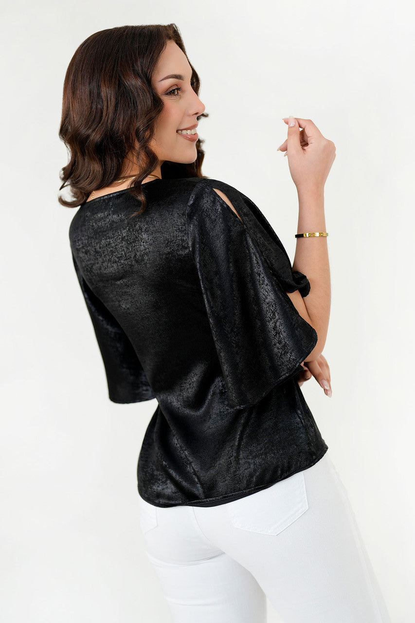 Blusa Manga 3/4 Seda Foil Escote V