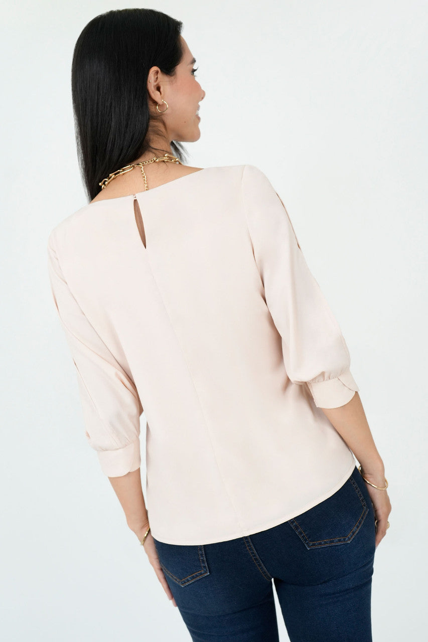 Blusa Gasa Crepe Manga 3/4 Escote Ojal con Puño Tulipán