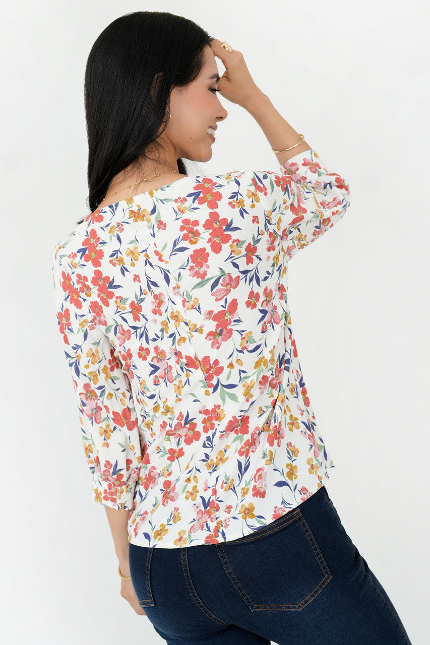 Blusa Vienna Lino Manga 3/4 Escote V con Presillas