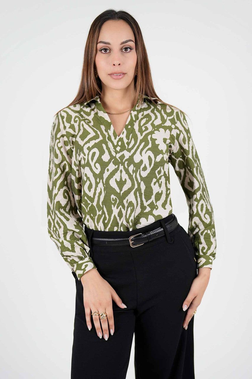 Blusa Manga Larga Estampada Con Escote V