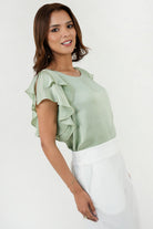 Blusa Satín Hindú Manga Ruffle Escote Ojal