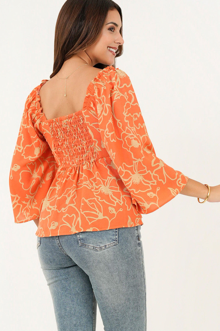 Blusa manga 3/4 acampanada escote corazón