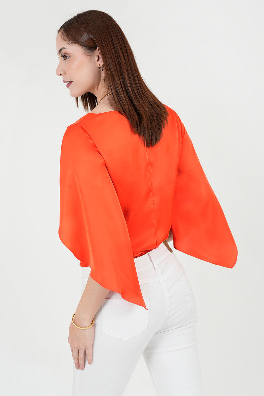 Blusa Seda Satín Manga Tulipán