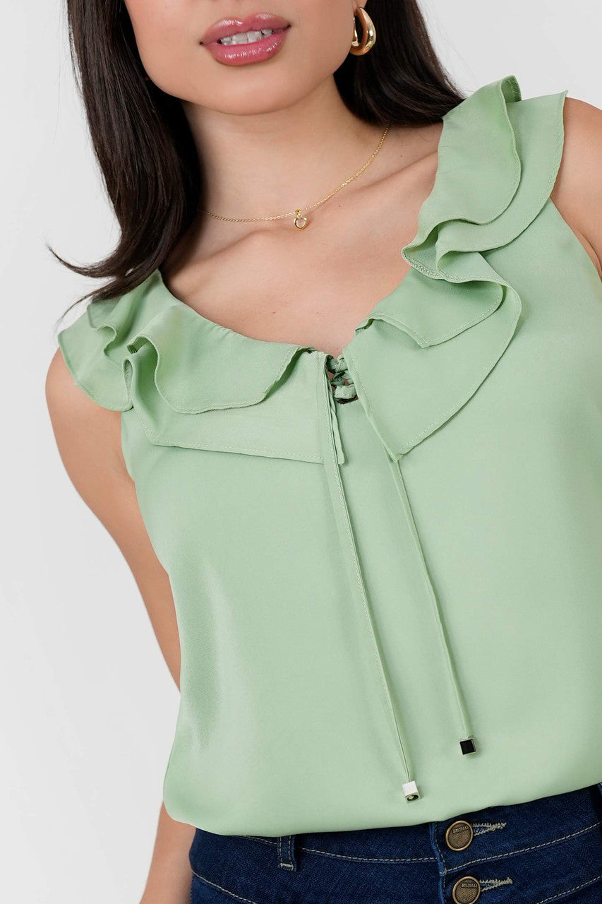 Blusa Satín Crepé Escote Redondo con Volantes