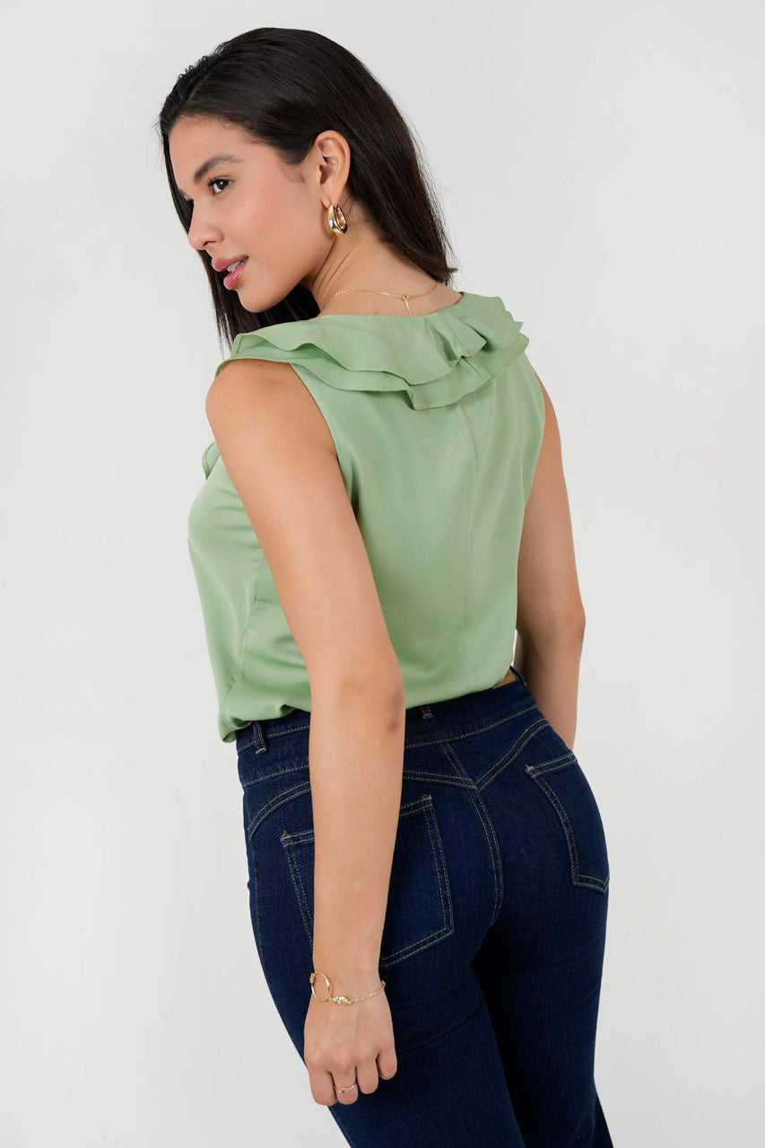 Blusa Satín Crepé Escote Redondo con Volantes