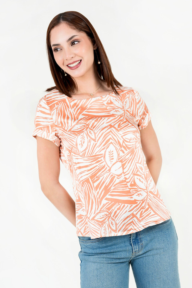 Blusa Manga Corta Seda Estampada Escote Ojal