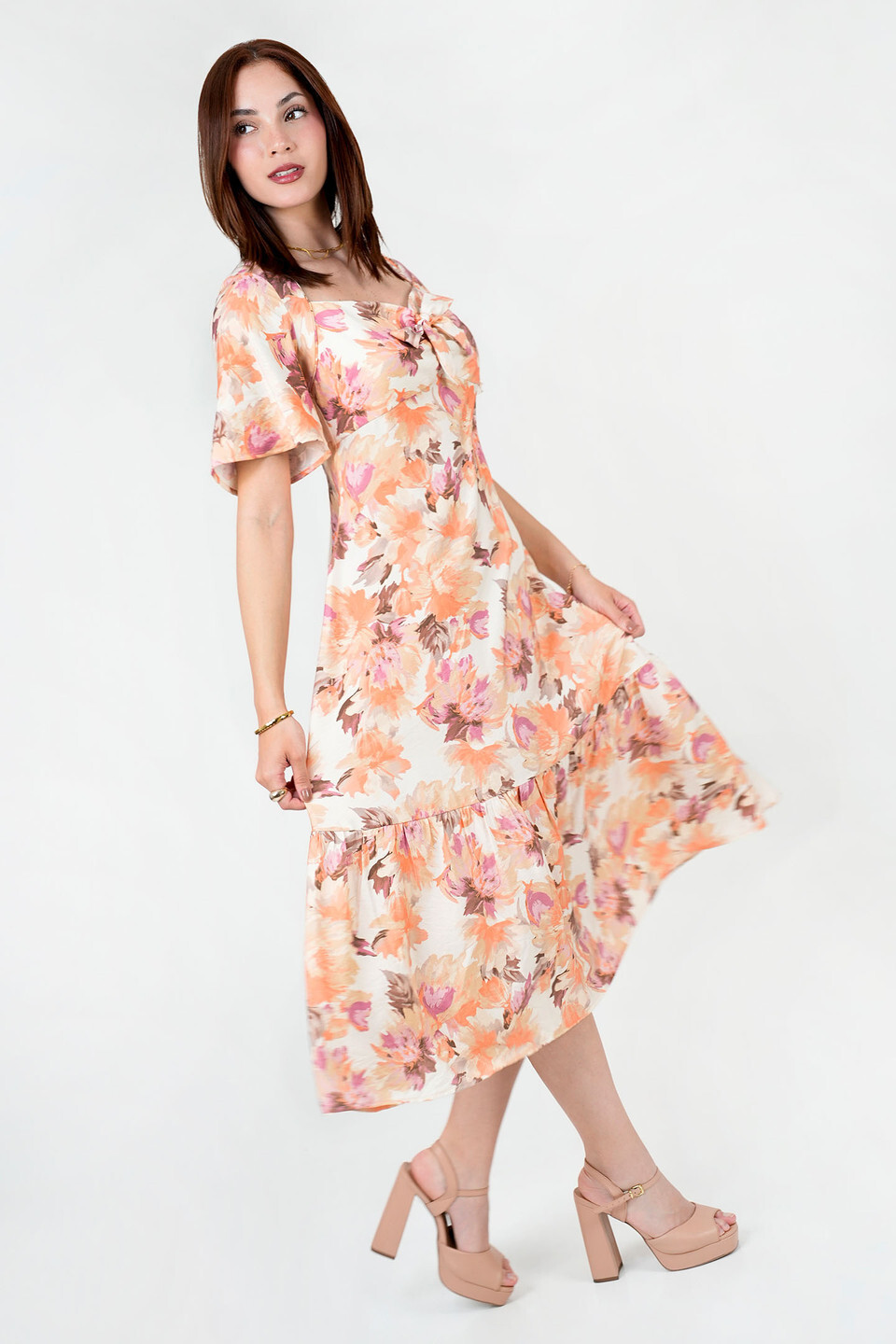 Vestido Twill Estampado Escote Cuadrado