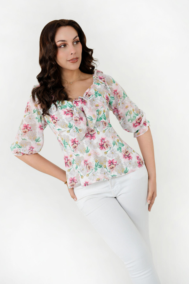 Blusa Manga 3/4 Gasa Estampada con Lazo