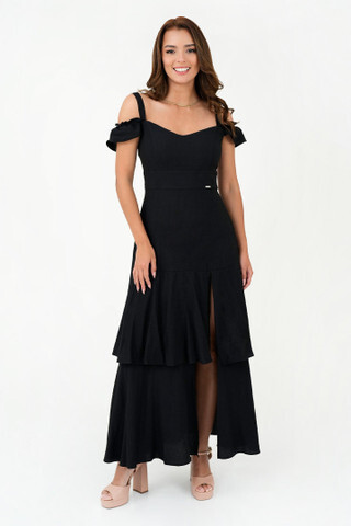 Vestido Tiras Off Shoulder Faldón con Abertura