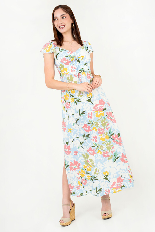 Vestido Largo Chalis Estampado Escote Coraz&oacute;n