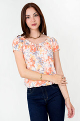 Blusa Twill Estampado Escote Bote con Lazo
