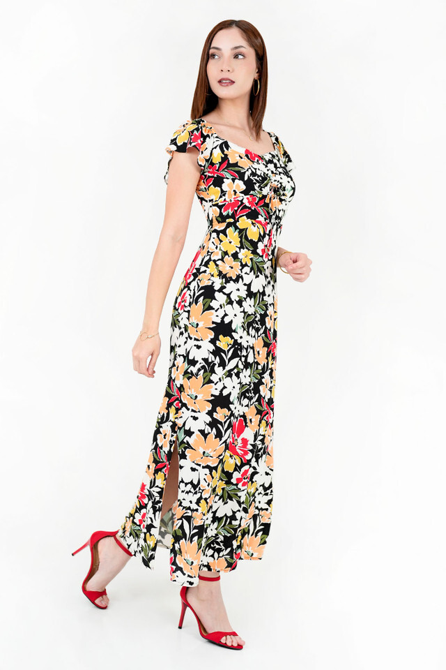 Vestido Largo Chalis Estampado Escote Coraz&oacute;n