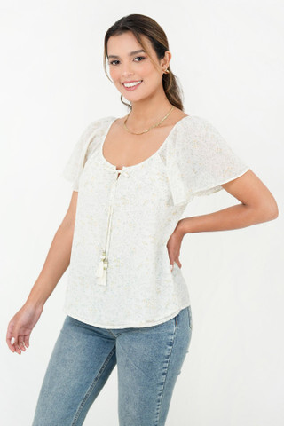 Blusa Manga Corta Lazo De Amarre Pompón Blusa Manga Corta Lazo De Amarre Pompón