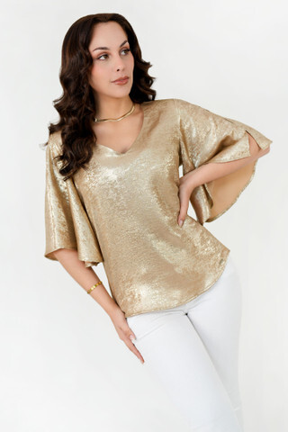 Blusa Manga 3/4 Seda Foil Escote V