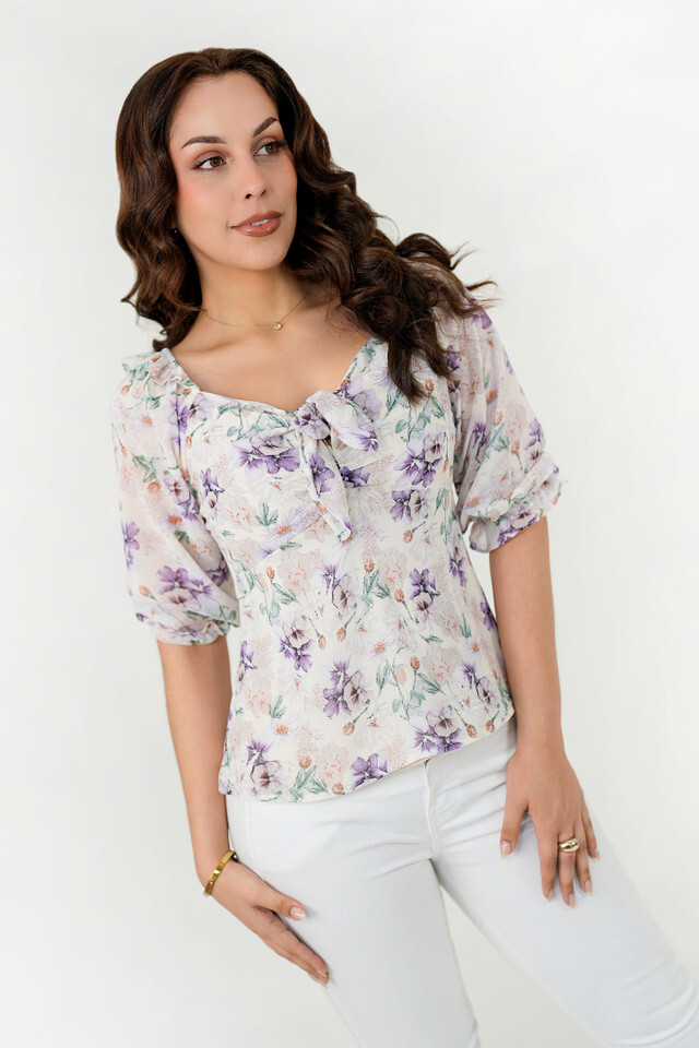 Blusa Manga 3/4 Gasa Estampada con Lazo Blusa Manga 3/4 Gasa Estampada con Lazo